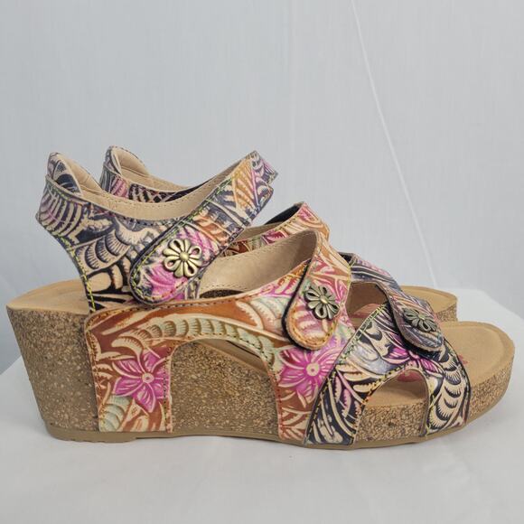L'Artiste Bonvoyage Sandals size 38 Navy Multi Leather Hand Painted Floral Boho - Picture 3 of 13